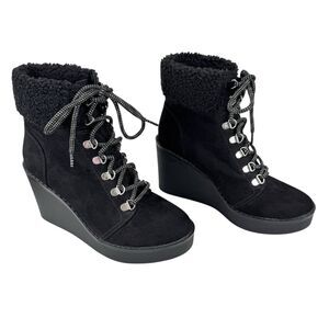 Esprit Roxy Womens Suede Wedge Faux Fur Ankle Bootie 7M‎ Black Lace Up Cozy